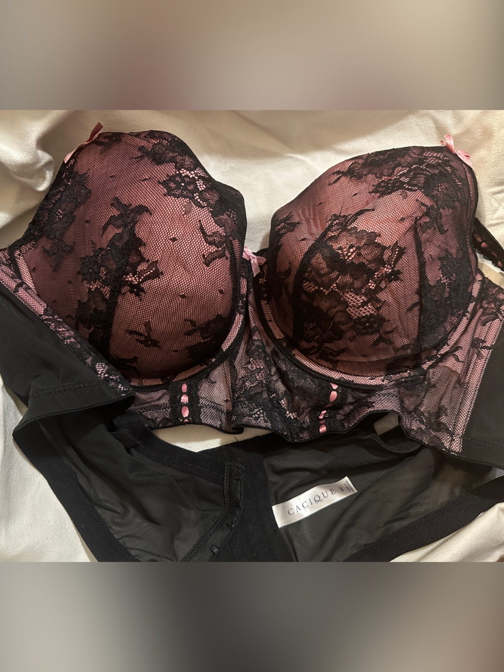 Cacique Pink Underwire Bra with Black Lace Overlay